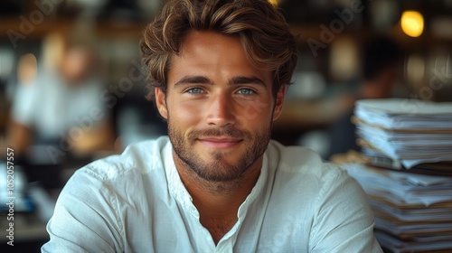 confident young businessman in a crisp shirt, smiling warmly at the camera while surrounded by stacks of paperwork and a calculator, embodying professionalism and determination in a modern office