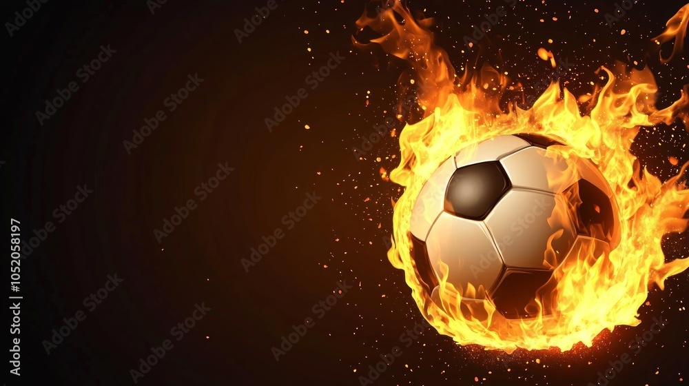 Naklejka premium A soccer ball engulfed in flames against a dark background.