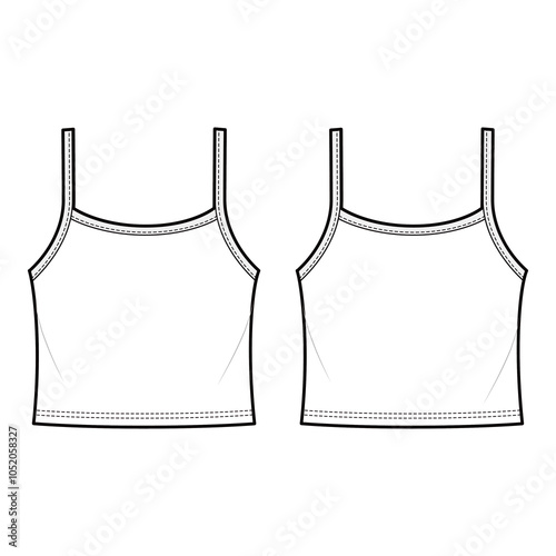 Front and back view technical flat of a cropped camisole with thin straps, shown in a minimalist outline style.
