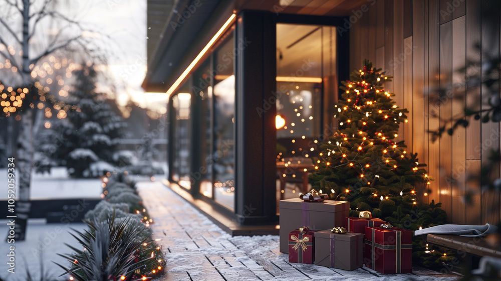 House decorated with Christmas decorations and gifts.