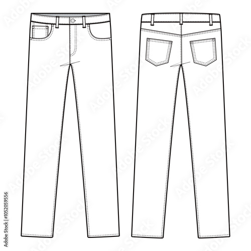Vector illustration of formal trousers with a tailored fit, front crease, belt loops, and side pockets, ideal for fashion flats, apparel templates, and tech packs.


