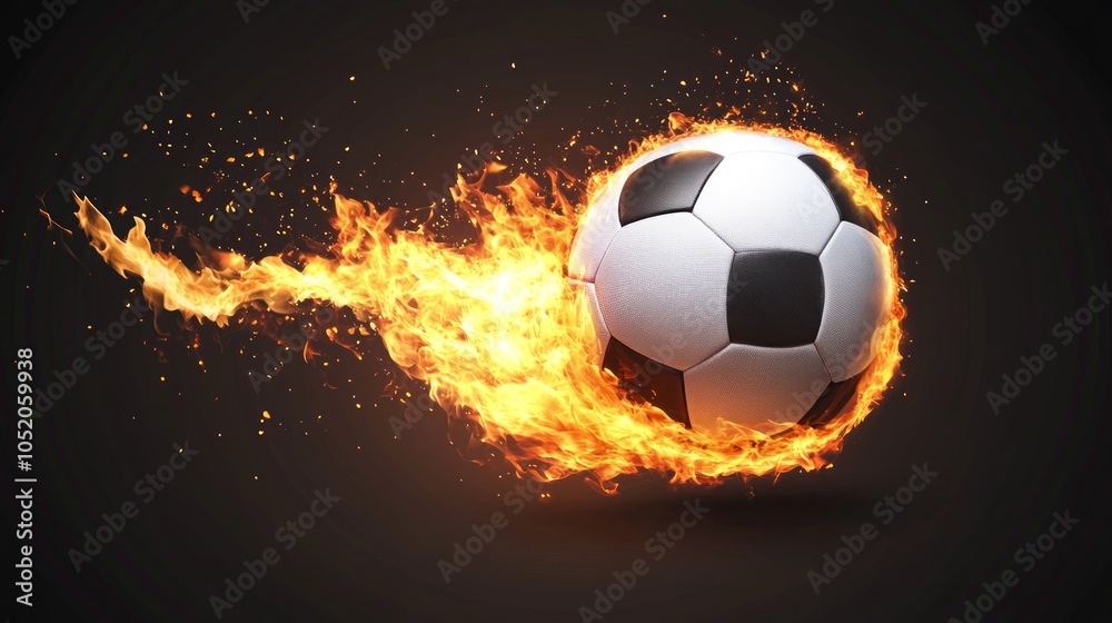 Naklejka premium A soccer ball engulfed in flames with a trail of fire behind it.
