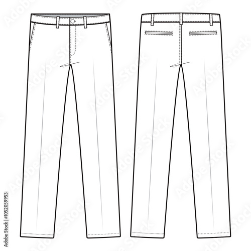 Vector illustration of formal trousers with a tailored fit, front crease, belt loops, and side pockets, ideal for fashion flats, apparel templates, and tech packs.

