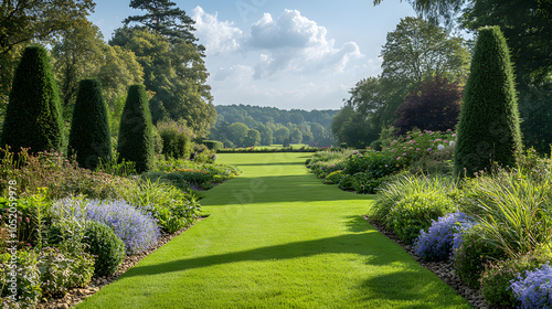 An Enchanting Backyard Landscape Surrounded by Privacy Hedges of Cupressocyparis Leylandii for Ultimate Peacefulness photo