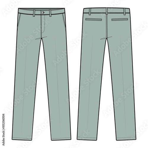 Vector illustration of formal trousers with a tailored fit, front crease, belt loops, and side pockets, ideal for fashion flats, apparel templates, and tech packs.

