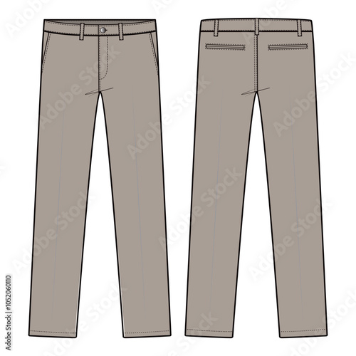 Vector illustration of formal trousers with a tailored fit, front crease, belt loops, and side pockets, ideal for fashion flats, apparel templates, and tech packs.

