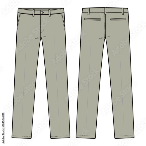 Vector illustration of formal trousers with a tailored fit, front crease, belt loops, and side pockets, ideal for fashion flats, apparel templates, and tech packs.

