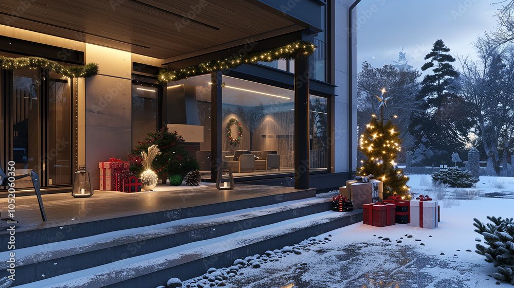 House decorated with Christmas decorations and gifts.