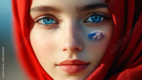 An enchanting Muslim teen in niqab gazes warmly at us. Traditional women's clothing in the East. People are either recognizable or unrecognizable. The rights of women in the East. Illustration for a photo