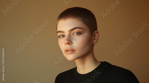 Confident nonbinary individual with short hair and minimal makeup looks directly at the camera, exuding self-acceptance and empowerment in a neutral-colored background setting. photo