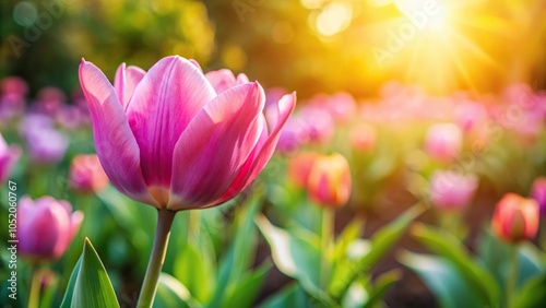 A blooming tulip plant with vibrant pink petals stretched towards the warm sunlight in a garden, nature, foliage, flowers arrangement