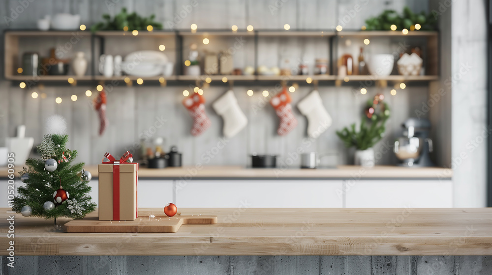 Christmas decorations and gifts in the kitchen.