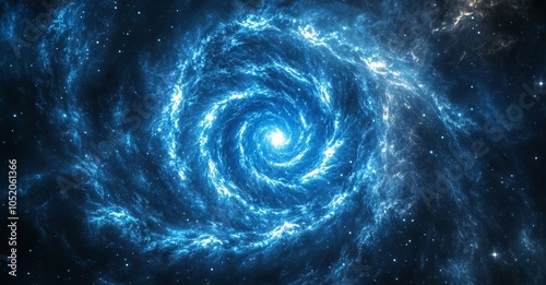 3D Render of a Glowing Blue Spiral Galaxy in Space. AI generated illustration