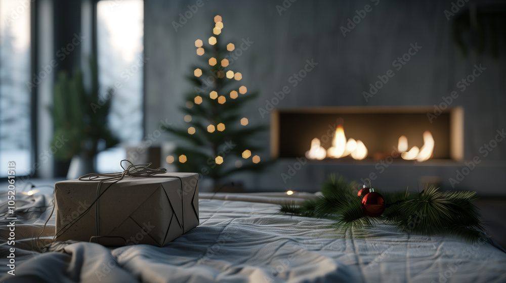 Christmas decorations and gifts in the bedroom or living room with fireplace.