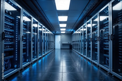 A server room that is filled with numerous servers and glowing blue lights