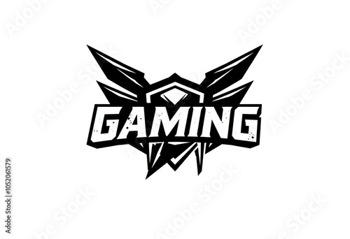 Bold black gaming logo with sharp wings and dynamic typography.