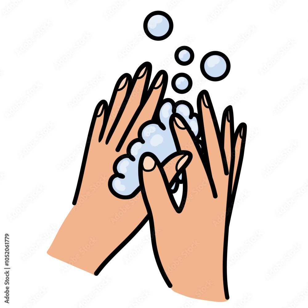 Fototapeta premium Hand drawn washing hands icon in cartoon style. Hygiene chore routine symbol with bubbles and water. Vector illustration