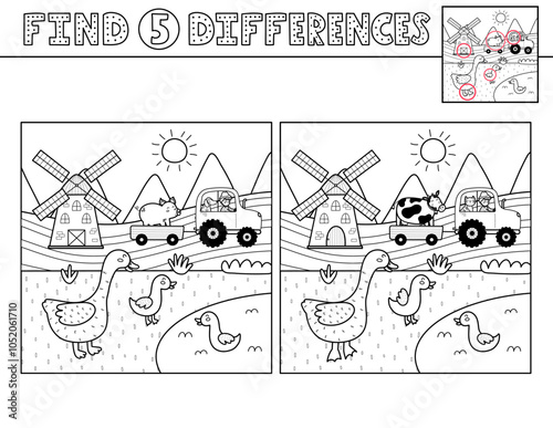 Find 5 differences black and white activity page for kids with cute mother goose and goslings. Puzzle game in outline with a farm characters. Vector illustration