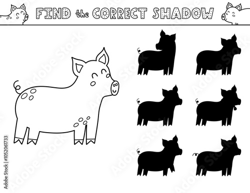 Find the correct shadow black and white activity page for kids with a cute pig. Shadow matching game in outline with a farm character. Vector illustration