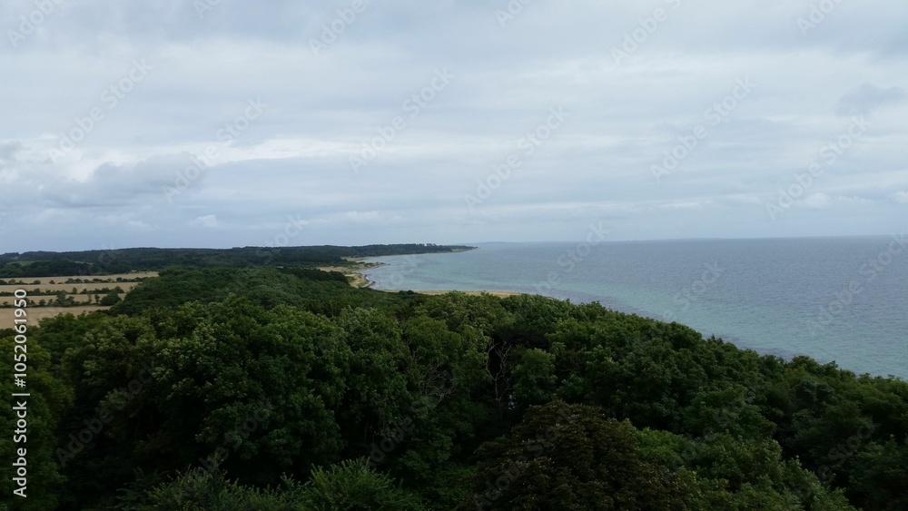 Fototapeta premium Scenic coastal landscape with lush forest and sea.