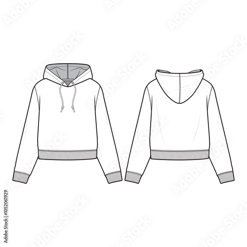 Front and back view technical flat of a cropped hoodie with drawstring hood, ribbed cuffs, and waistband, shown in a minimalist outline style.
