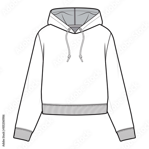 Front view technical flat of a cropped hoodie with drawstring hood, ribbed cuffs, and waistband, illustrated in a minimalist outline style.

