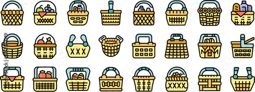 Various picnic basket icons depicting different styles, sizes, contents, and weaving patterns, ideal for representing outdoor dining and leisure activities