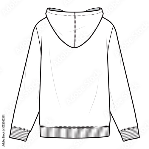 Vector illustration of a hoodie with a relaxed fit, front pocket, hood with drawstrings, and ribbed cuffs and hem, ideal for fashion flats, apparel templates, and tech packs.

