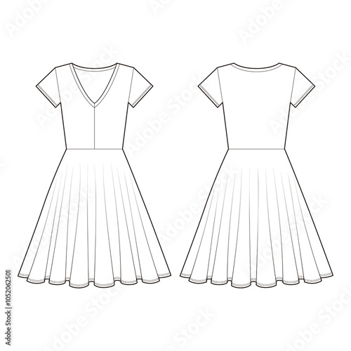 Front and back view technical flat of a short-sleeve V-neck flared dress, illustrated in a minimalist outline style.
