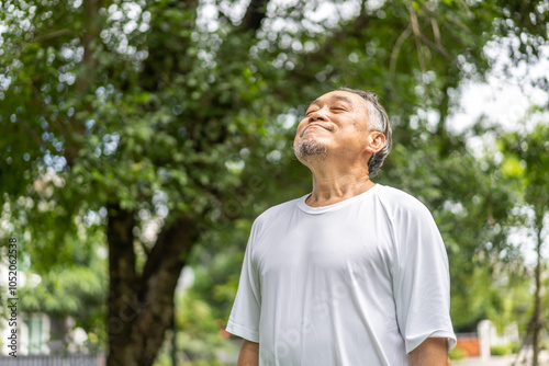 Wallpaper Mural Elderly man enjoying fresh air in serene park setting, relaxation outdoors, senior citizen practicing mindfulness and healthy living, peaceful nature moment, breathing exercise in natural environment Torontodigital.ca