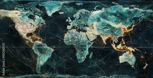 A digital map of the world with international trade routes highlighted