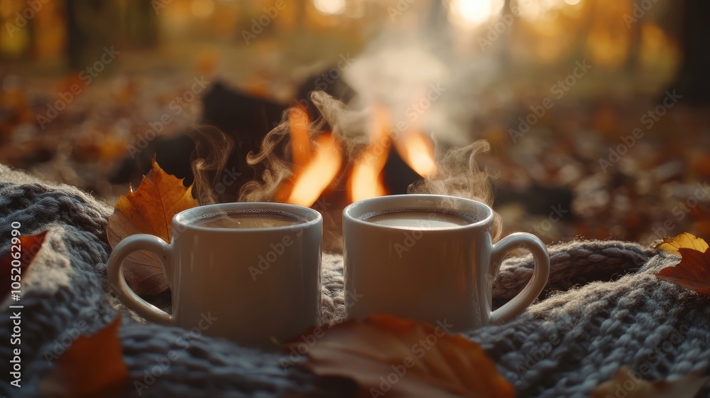 Cozy Autumn Scene with Two Mugs of Hot Coffee, Knitted Blanket, and Open Fire Cozy Autumn Scene with Two Mugs of Hot Coffee, Knitted Blanket, and Open Fire