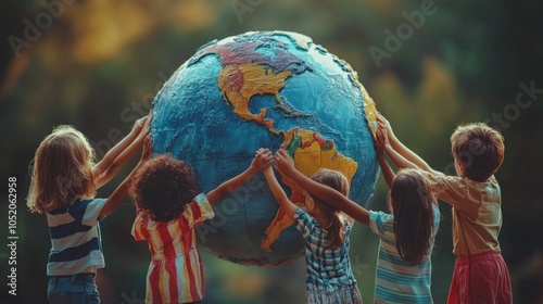 Children of different nationalities holding hands around the globe