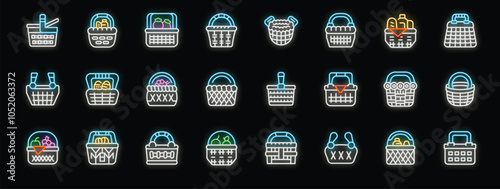 Bright neon icons of baskets filled with groceries, produce, or empty, representing diverse shopping and picnic scenarios