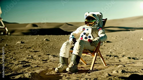 lunar astronaut opens a beer bottle while resting in a beach chair on Moon surface, enjoying view of Earth. Shot with 2x anamorphic lens photo