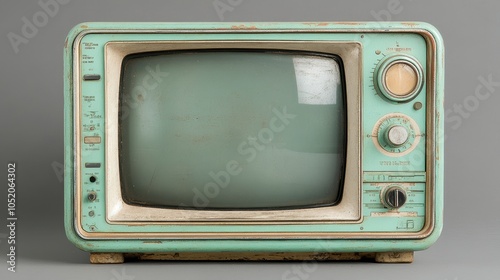 Retro Vintage old mint green TV set receiver cut out on transparent background