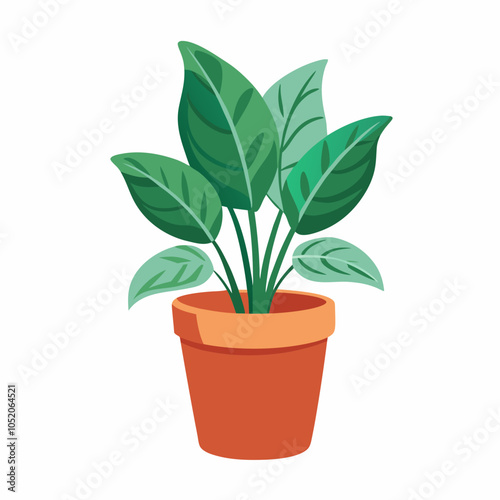 Illustration of plant in a pot with fresh green leaves isolated on white background. 