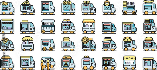 Food truck icons set showing mobile catering businesses preparing street food for customers