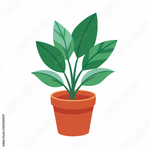 Green plant in a pot with vibrant green leaves against a white clean background. 