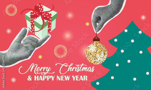 Collage with hand, gift and gold ball. Halftone xmas and new year design 2025.