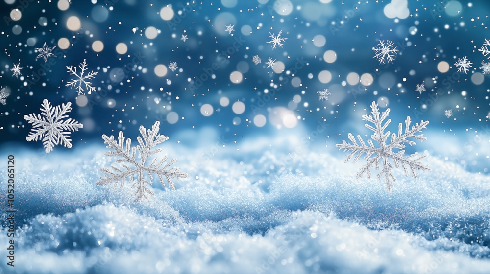 winter scene with delicate snowflakes scattered across a gradient blue sky. winter scene with delicate snowflakes scattered across a gradient blue sky.