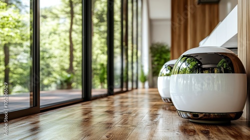 The image features abstract round robotic devices with a glossy finish sitting on a wooden floor, next to a large glass window revealing a sunny outdoor view. photo