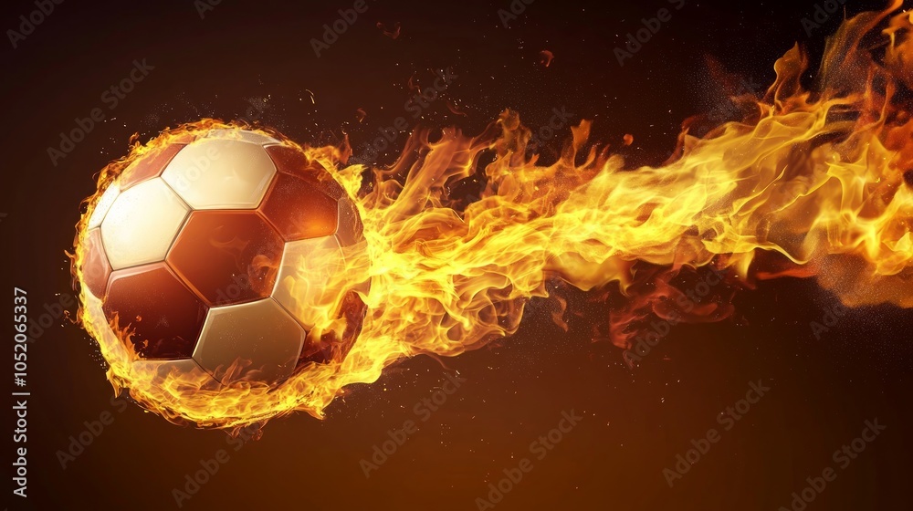 Fototapeta premium A soccer ball is engulfed in flames with a trail of fire behind it, set against a dark background.