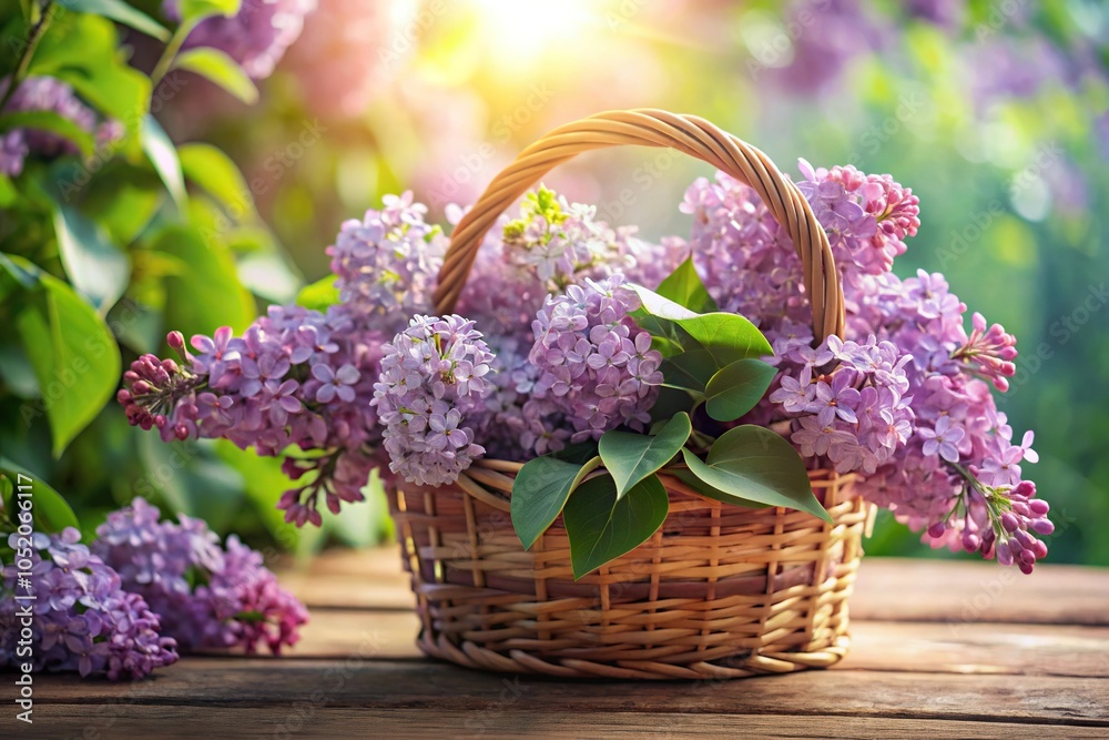 Fototapeta premium A bouquet of fresh, fragrant lilacs in a wooden basket with soft lighting and gentle shadows, flowers, spring, bouquet, garden, basket