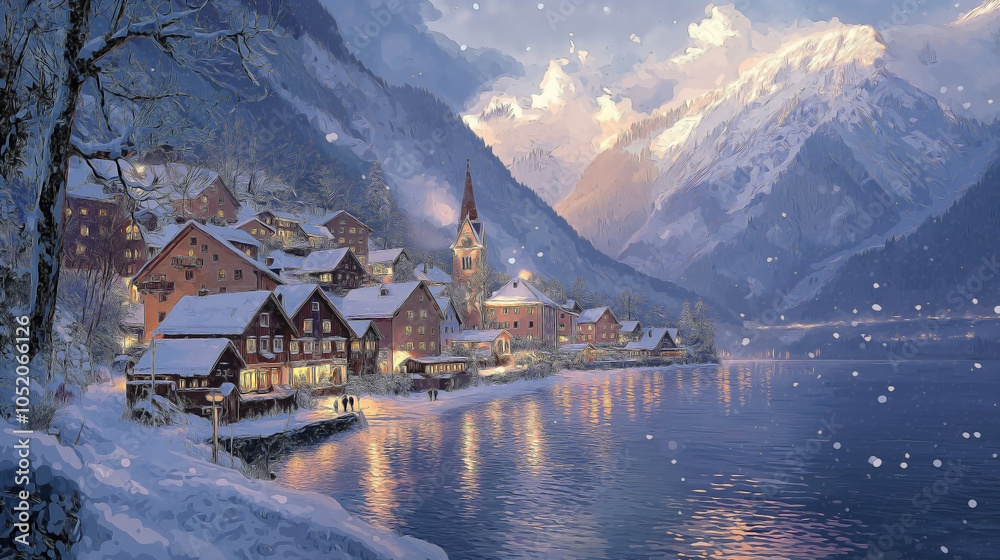 Fototapeta premium Classic winter view Snow-covered mountains surround the picturesque village. Traditional Austrian houses with snow-draped rooftops line the frozen lake, 