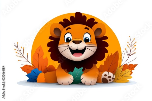 a 2D cartoon illustration of a lion cub playing with a leaf gentle and cute white background photo