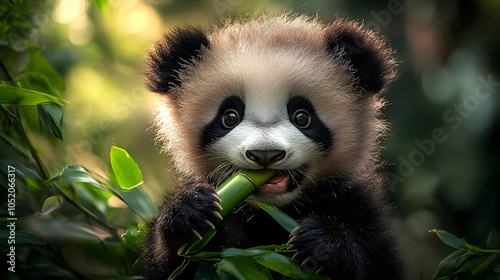 Cute Panda Cub Eating Bambo...