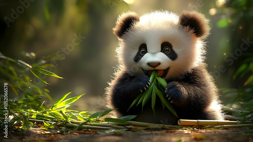 Cute Panda Eating Bamboo Il...