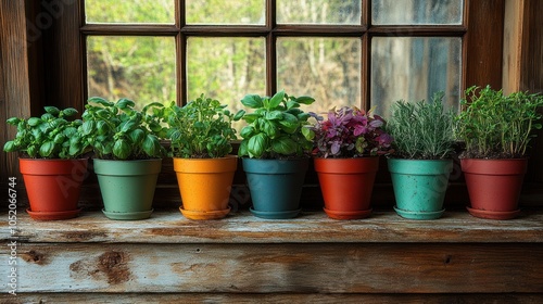 Seven potted plants arranged on a windowsill with a blurred background