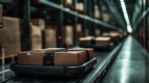 Packages move efficiently along a black conveyor belt in a dimly lit warehouse, highlighting themes of automation, logistics, and industrial efficiency. photo